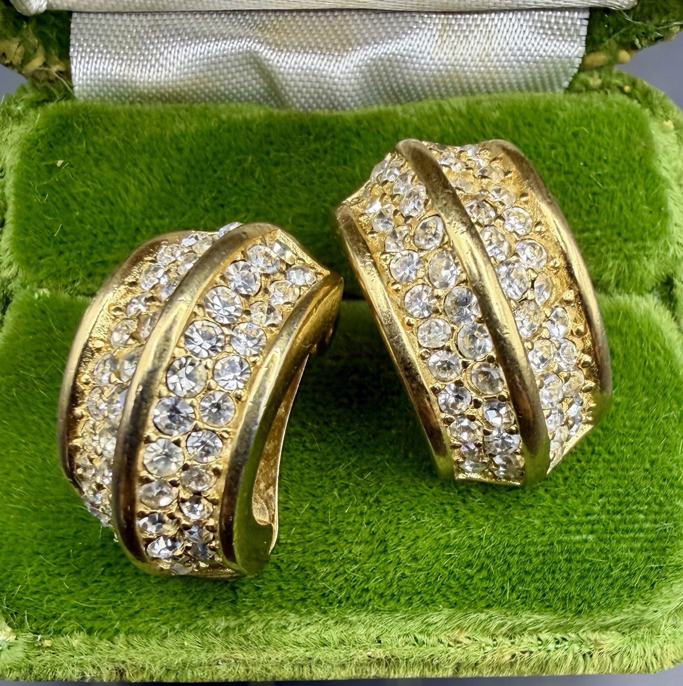 Vintage Christian Dior Pavé Rhinestone Gold Plated Half Hoop Clip Earrings
