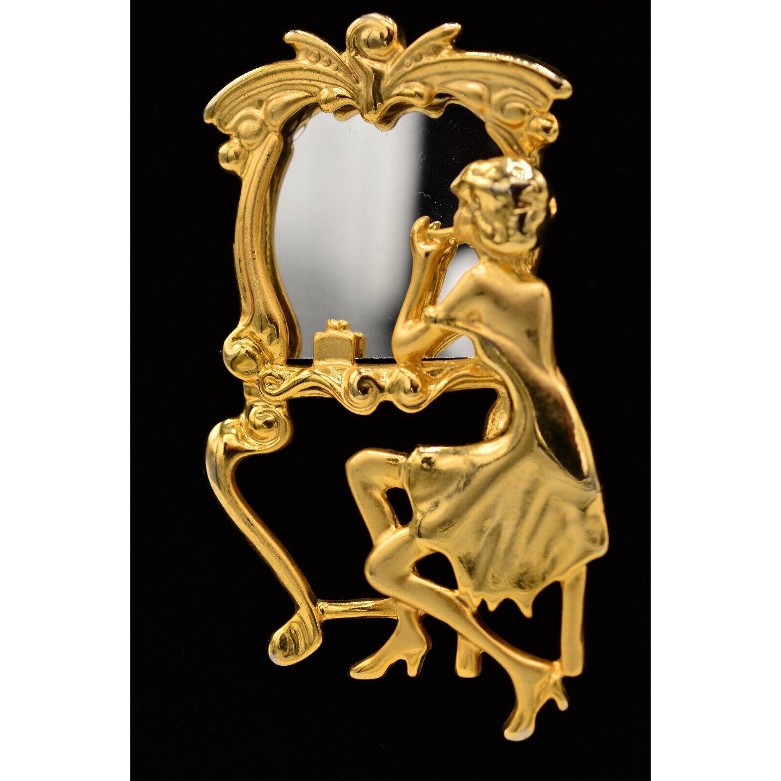Vintage Vanity Mirror Pin Brooch Woman Beauty Brushed Gold Retro NOS 1980s BinA3