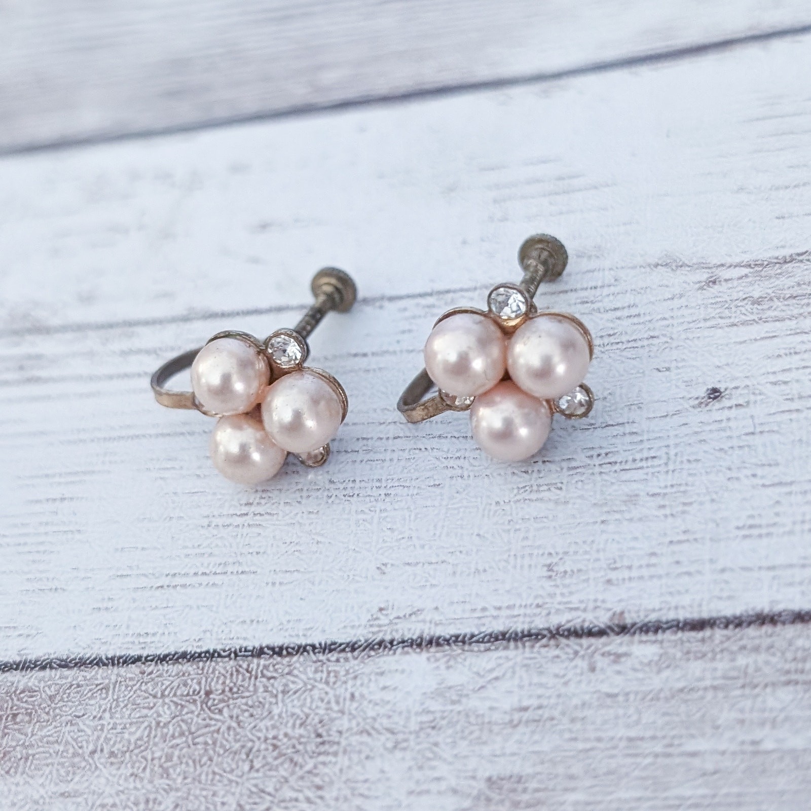 Vintage Screw Back Earrings Dainty Faux Pearl & Clear Gem Trio 0.5″