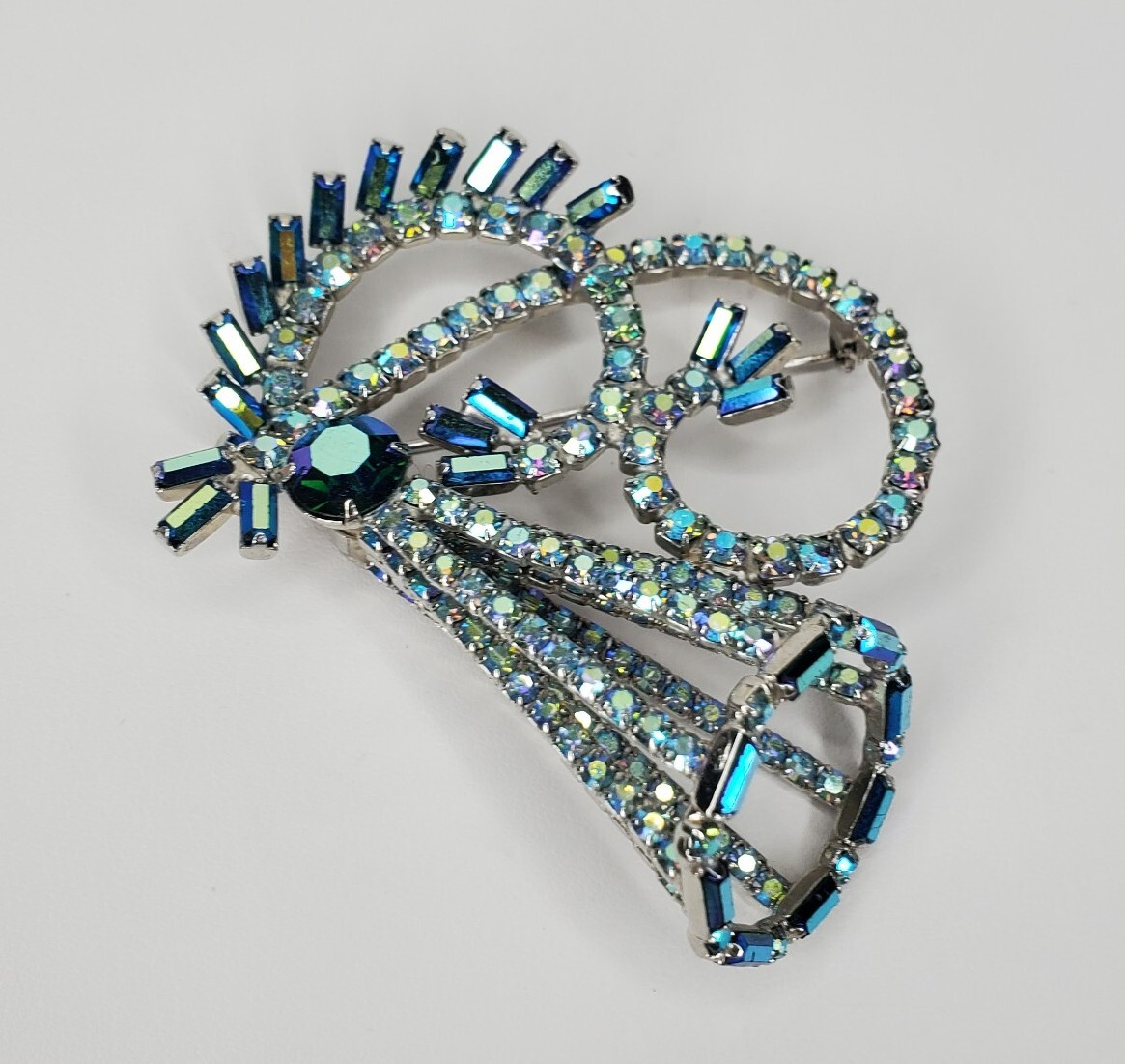Vintage Hobe Brooch Peacock Blue AB Stones Baguettes Silver Tone 3D Signed