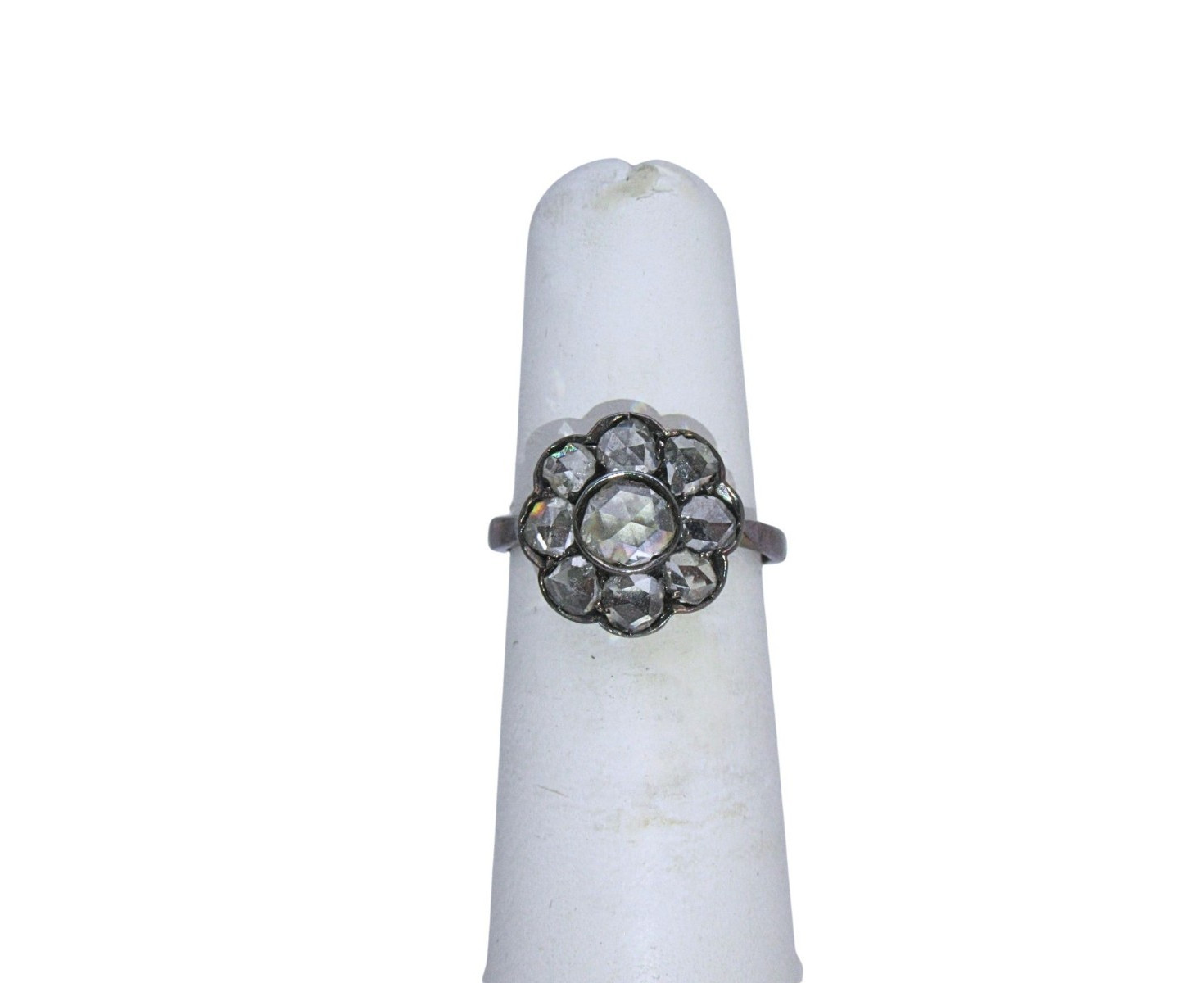Sterling Silver Rose Cut Diamond Vintage Flower Ring Size 5.5