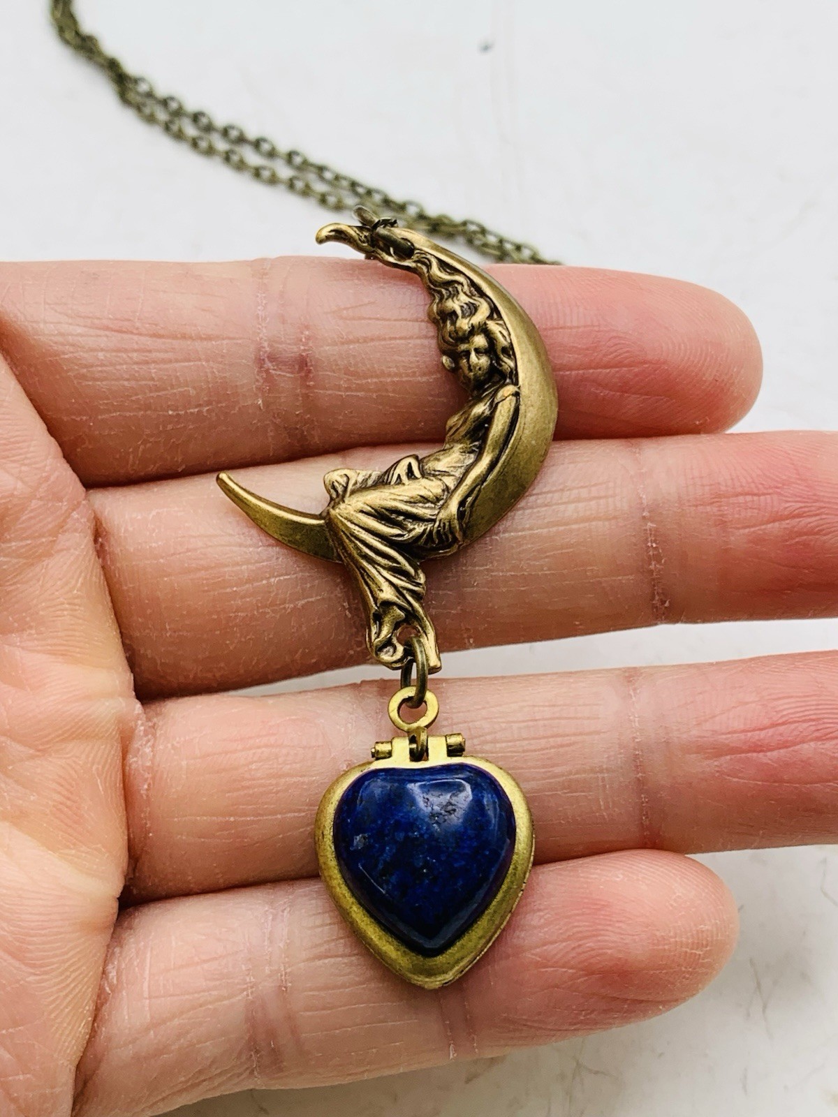 Vintage Style Goddess Crescent Moon Blue Lapis Lazuli Mini Heart Locket Necklace