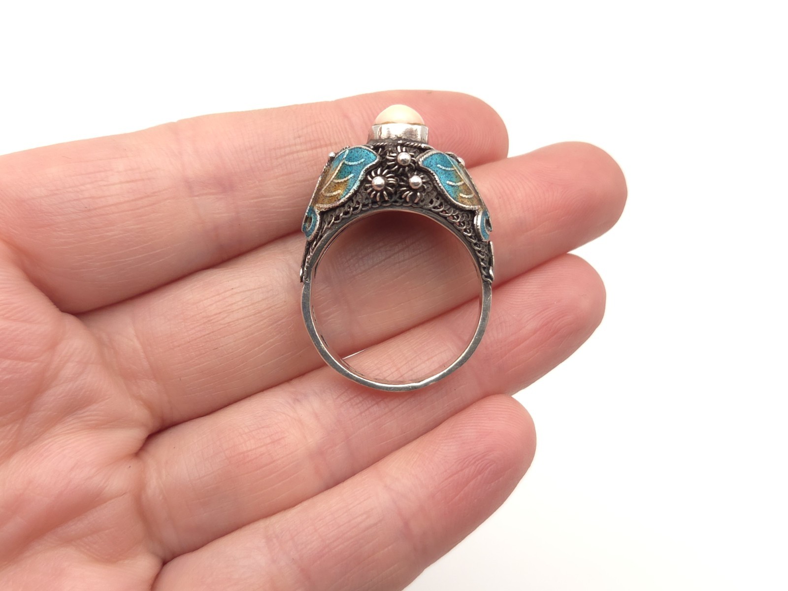 Vintage BJ Designer Sterling Silver Enamel Butterfly Pink Coral Ring Sz. 9
