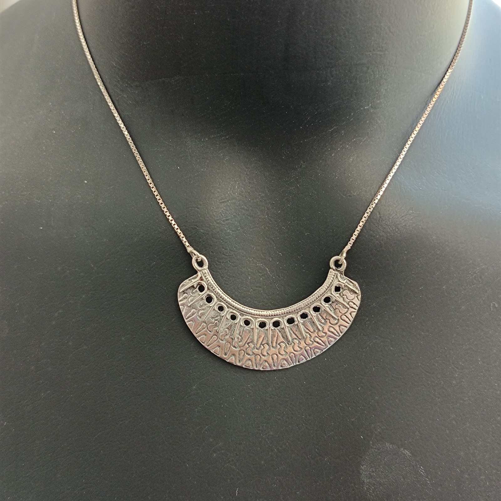 Vintage Sterling Silver Moon Crescent Necklace Ethnic Folk Inspired Engraved Bib