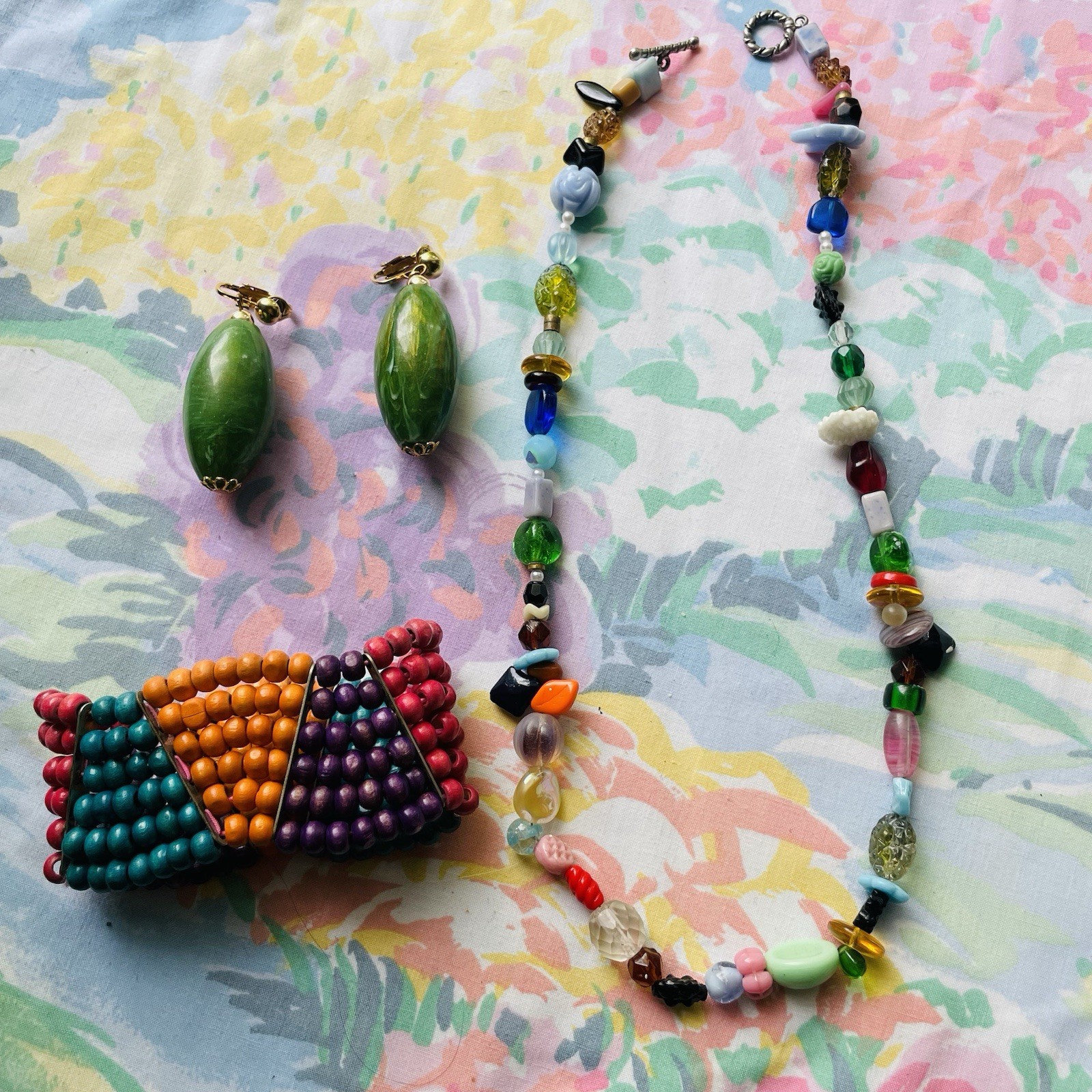 Vintage Lot Glass Art Bead Necklace Wooden Multicolor Bracelet Green Earrings