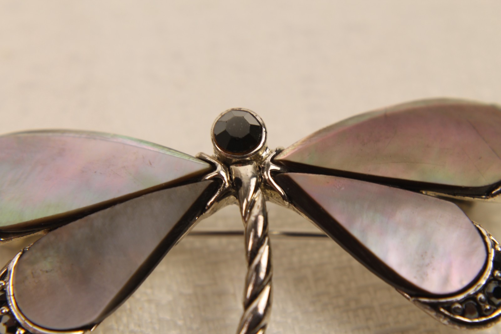 Vintage Black Mother of Pearl Dragonfly Pin Brooch Silver Tone Shell Marcasite