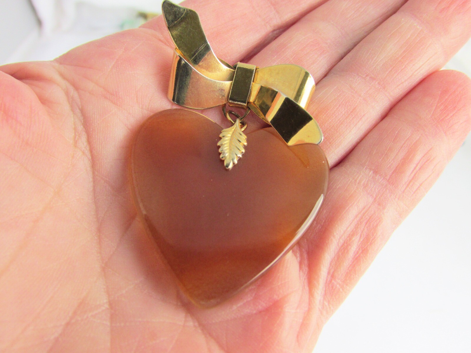 Vintage Carnelian Heart Dangling Bow Pin Gold Plate Translucent Stone