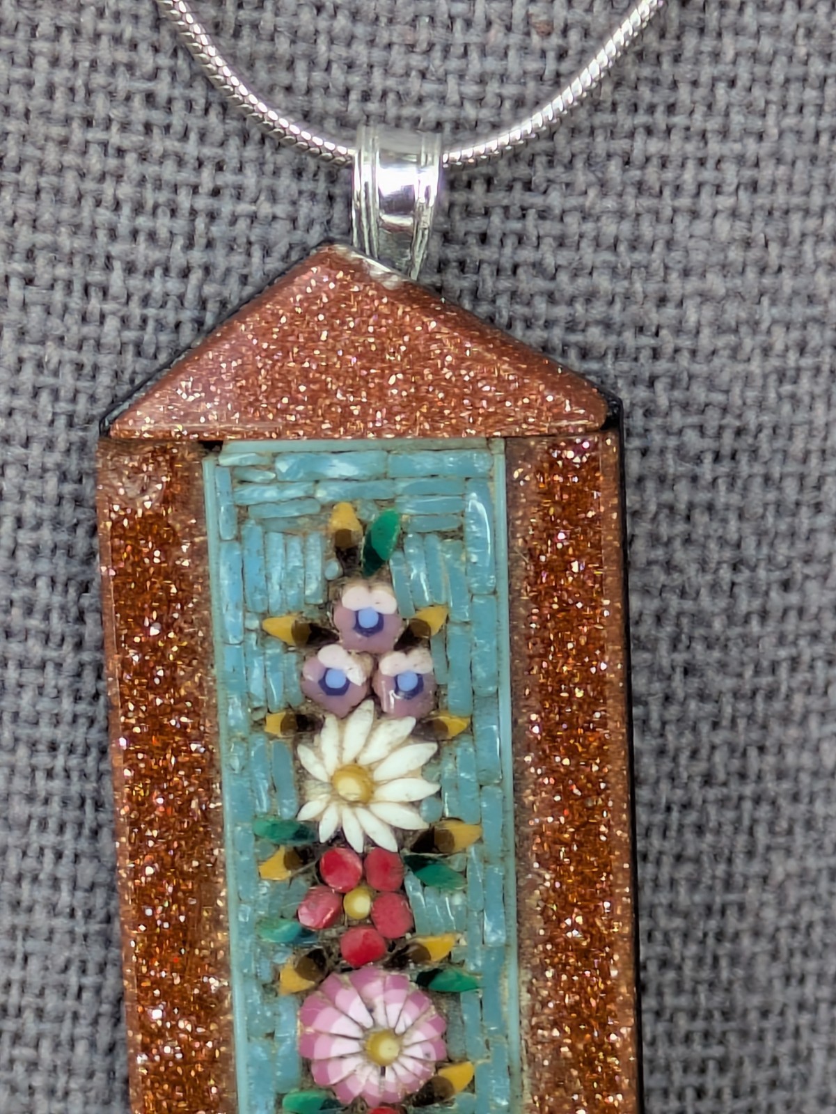 Antique Micro Mosaic Converted Pendant 16.5″ 925 Ster Silver Necklace AS IS D79