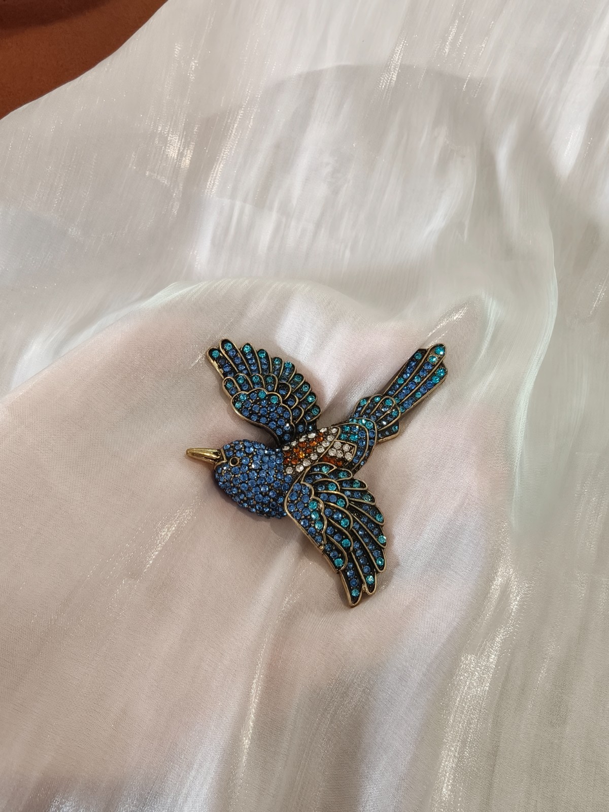 Heidi Daus Rhinestone Bird Brooch Blue Multi Tone Crystal Antique Bronze Pin