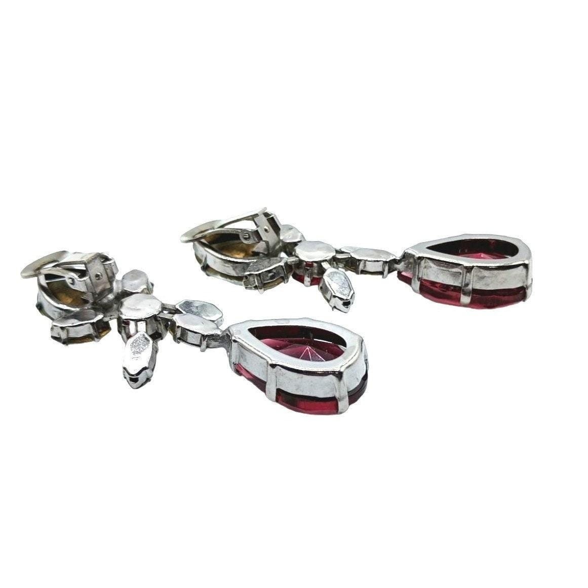 Schreiner Vintage Rhinestone Clip On Dangle Earrings Women Red Silver Tone