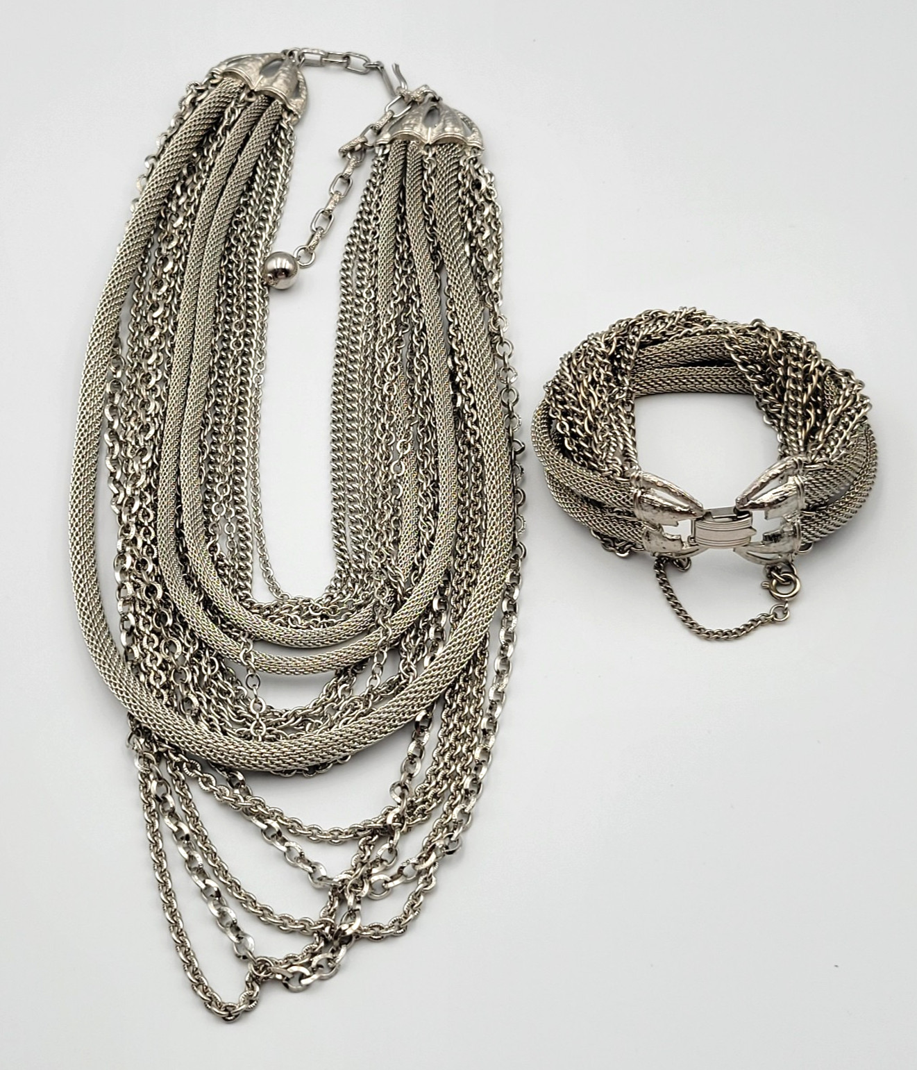 Vintage Multi Strand Chain Necklace Bracelet Jewelry Set Layered Silver Tone