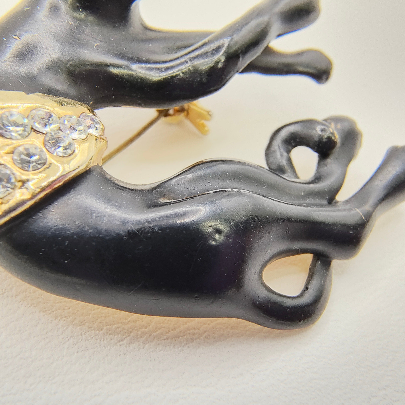 Vintage Black Panther Brooch Pin Enamel Gold Tone White Rhinestone Puma Jaguar