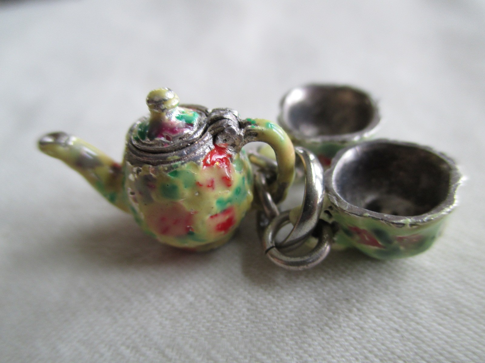 Vtg Sterling Charm Set of Floral Enamel Teapot Lid Lifts & Cups Brown County