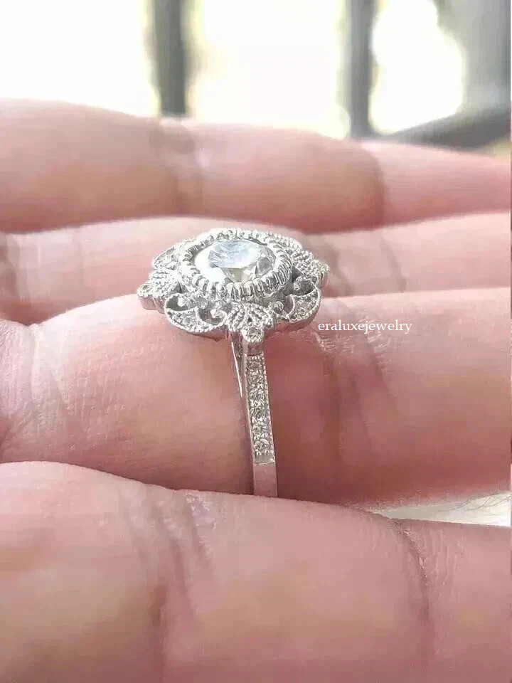 Art Deco Vintage Style Lab Created Diamond Engagement 14K White Gold Finish Ring