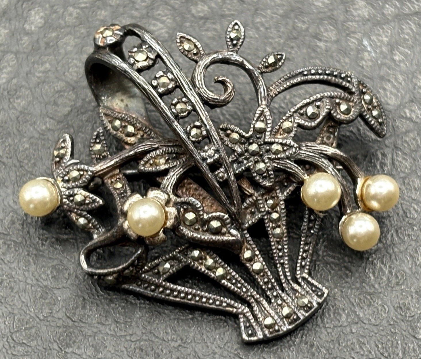 Vintage Sterling Silver 925 Marcasite Pearl Basket Brooch Pin
