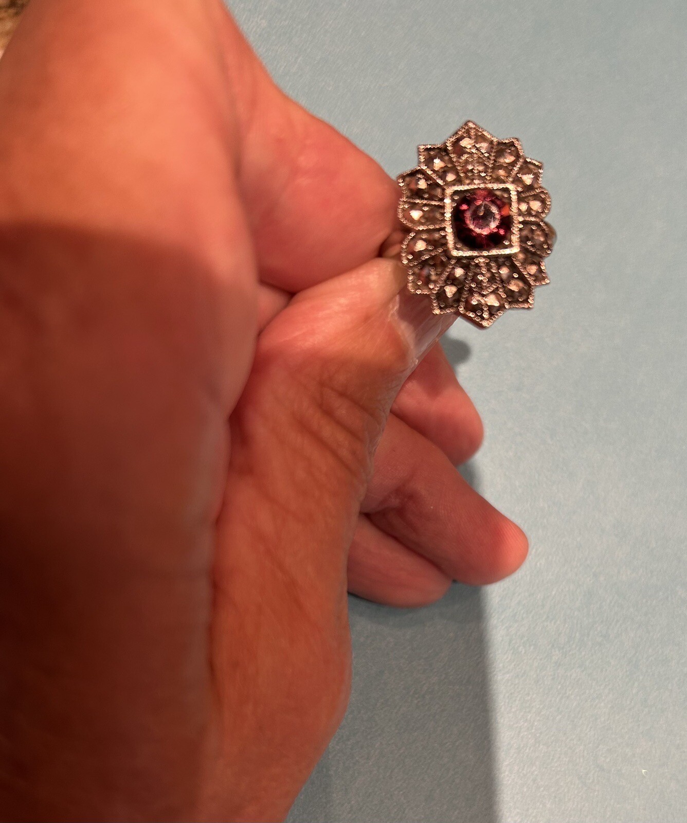 Beautiful Vintage Silver Tone Faux Faceted Amethyst And Marcasites Ring sz 7