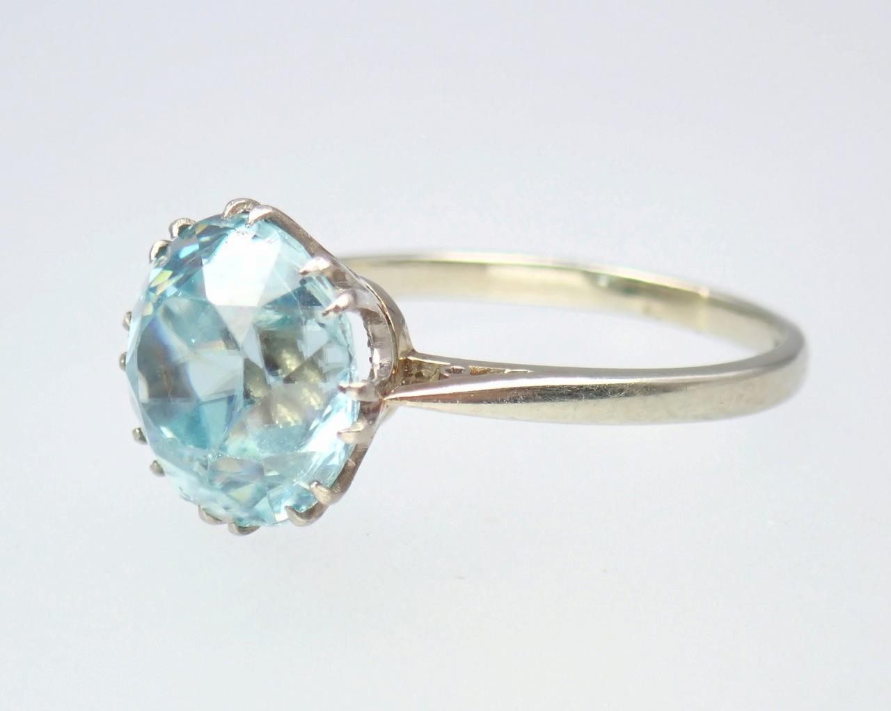 Antique Art Deco 18K Gold 5.4ct Old Cut Blue Zircon Solitaire Engagement Ring 6