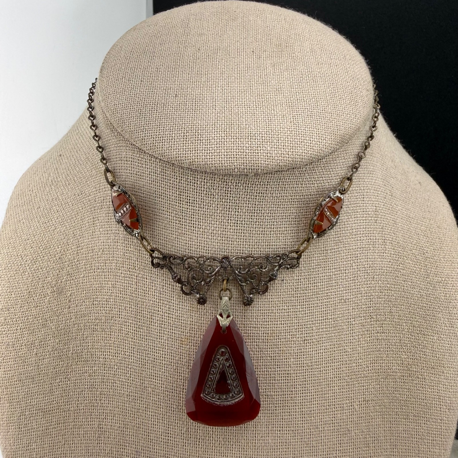Vintage Art Deco Necklace Lavalier Red Glass Rhinestone 12” SHORT