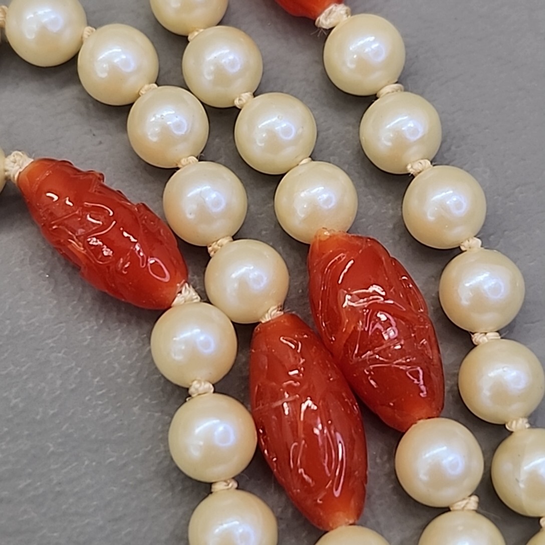 Vtg Bead Necklace Earrings Faux Pearls Layered Peach Art Glass Hong Kong 31″