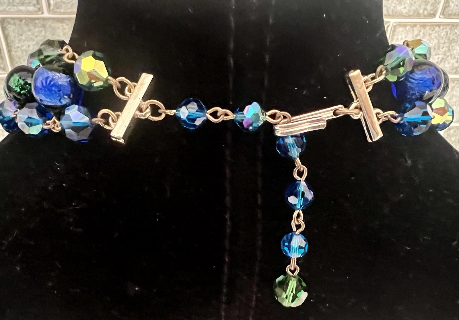 GORGEOUS VTG STATEMENT DESIGNER NECKLACE VENETIAN FOILED BLUE/GREEN GLASS BEADS