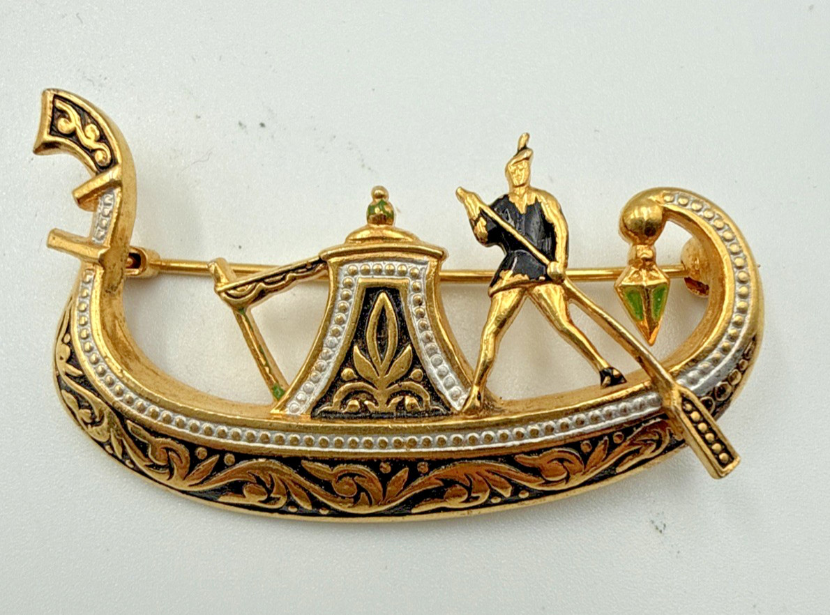 Gondola Boat Brooch Pin Vtg Spain Damascene Gold-Color 1960-70s Very Good Cond.