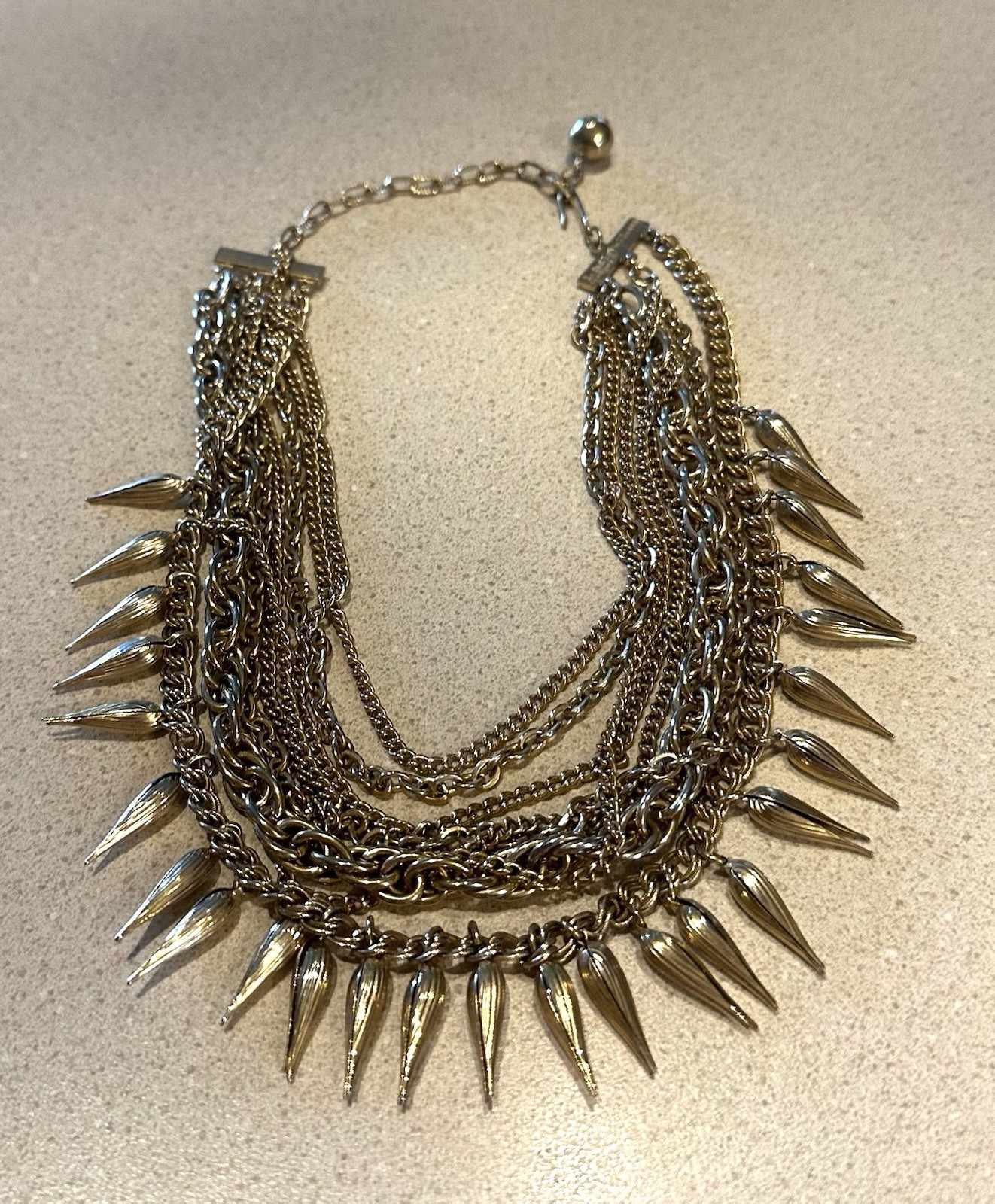 Vtg Multi-Chain Spike Rivet Chunky Choker Bib Statement Necklace Antique GoldTon