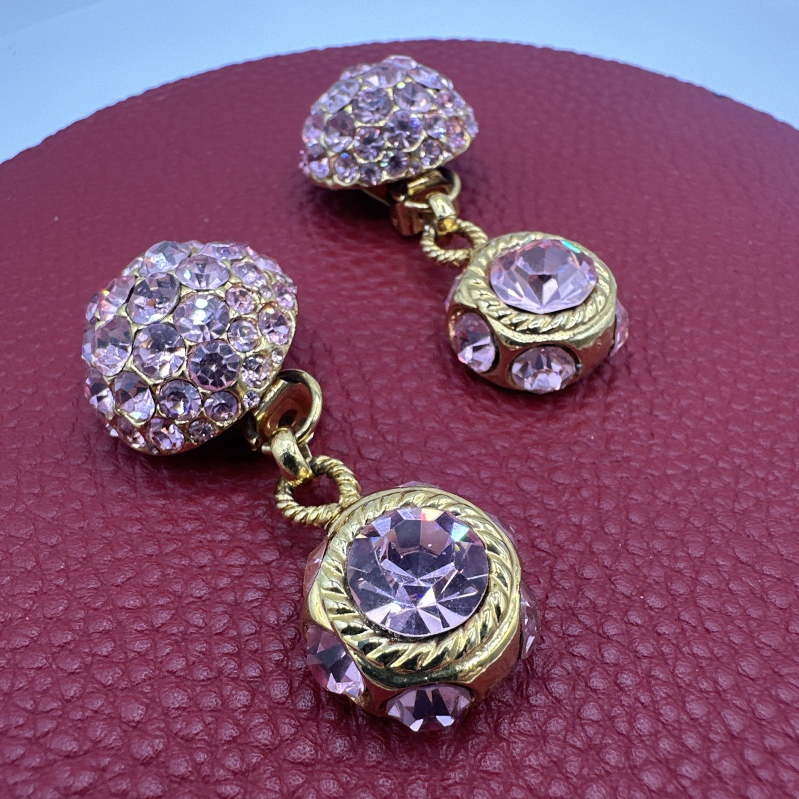 Vintage Sparkling BLANCA Clip on Pink Rhinstones Dangle Earrings. See pics.