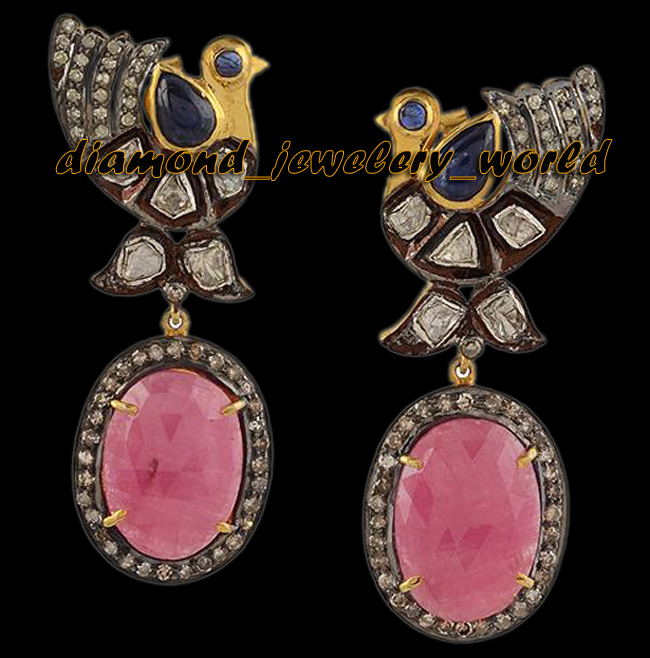 Stunning Rose Antique Cut Diamond Gemstone Estate Silver Peacock Earring Jewelry