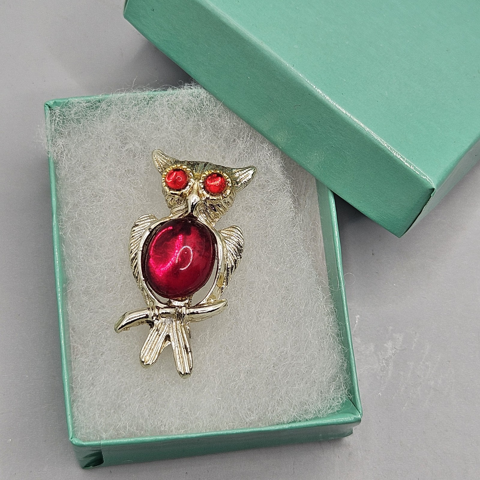 Vintage Owl Brooch Jelly Belly Red Rhinestone Eye MCM Jewelry Gold Tone Pin