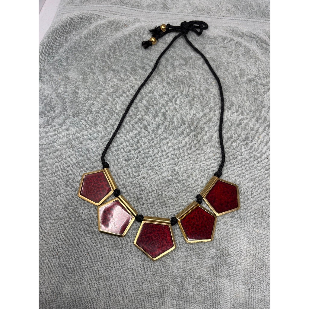 Vintage Yves Saint Laurent YSL Red Gold Pentagonal Statement Cord Necklace