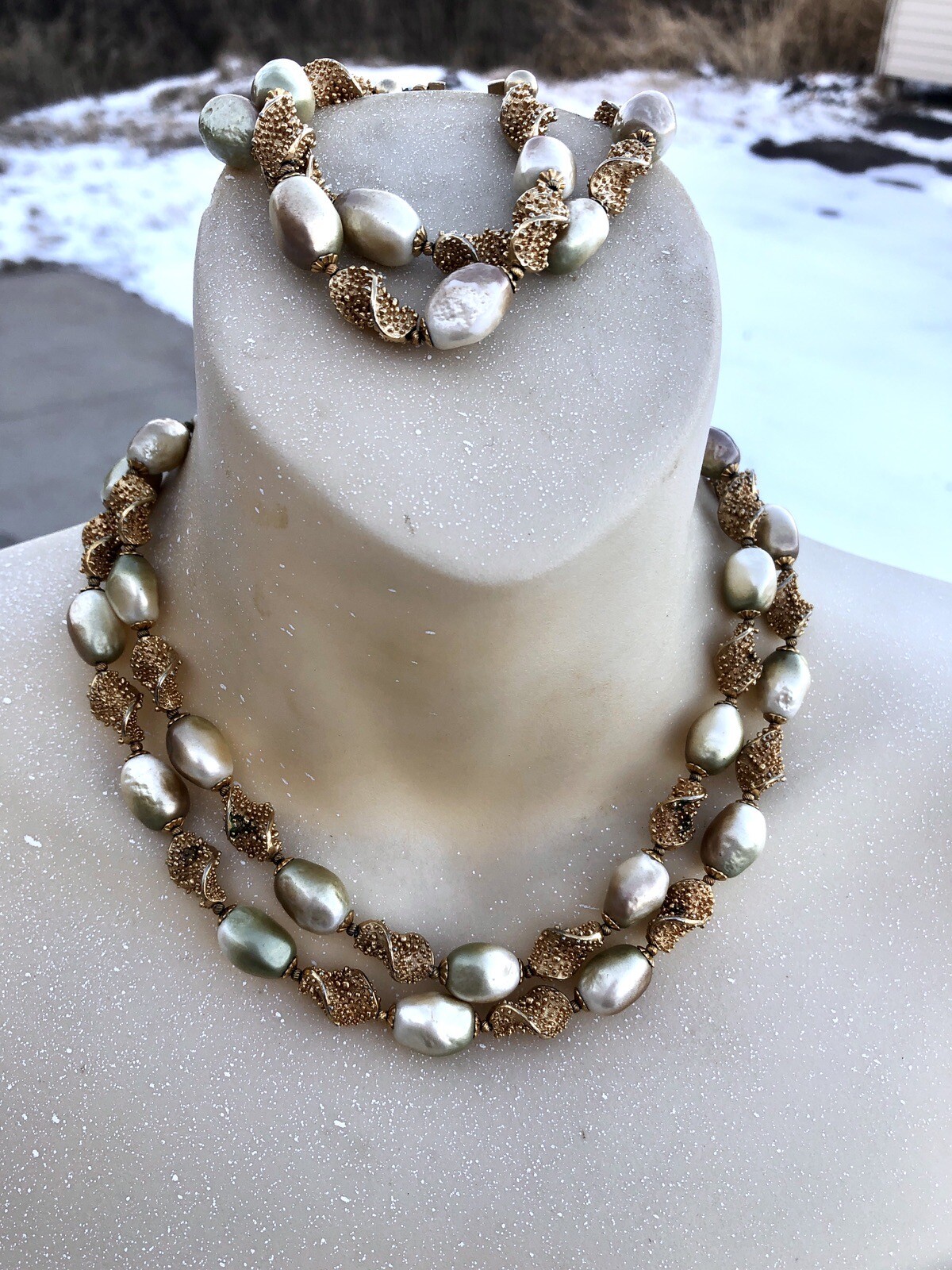 Vtg MCM Crown Trifari Faux Baroque Pearl Swirl Gold Spike Necklace & Bracelet