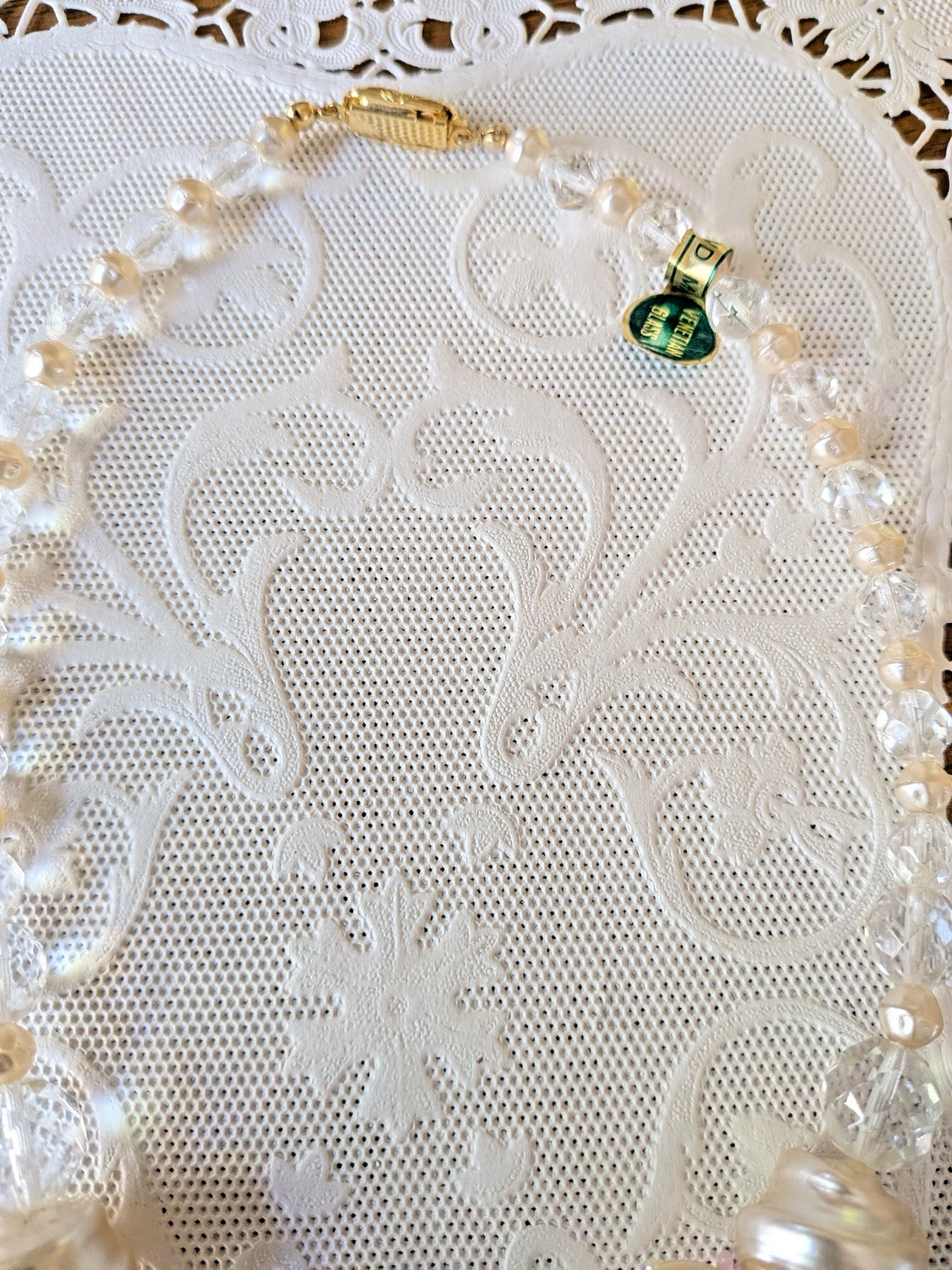 Vintage Venetian Necklace Pink, Clear, & Faux Pearl Flower Bead Art Glass 17″