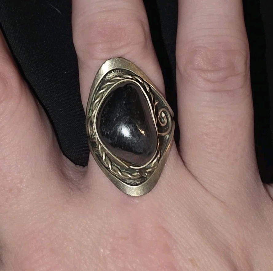 Large Vintage Silver Plated Hematite Dark Metallic Black Stone Adjustable Ring