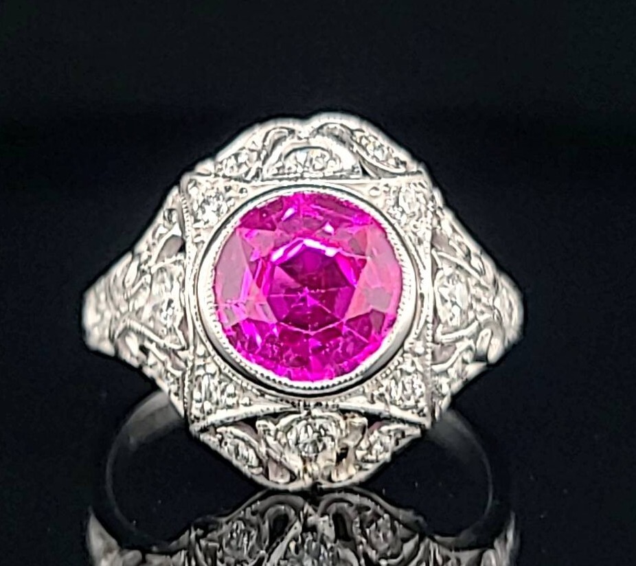 Vintage 14k White Gold Engagement Ring 2.92CT. Gem Pink Sapphire Round Cut