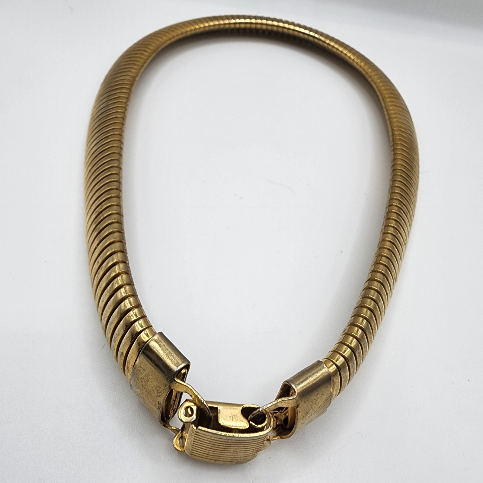 Vintage Gold Tone Wide Omega Choker 17″ Necklace Snake Egyptian Style Bold 80s