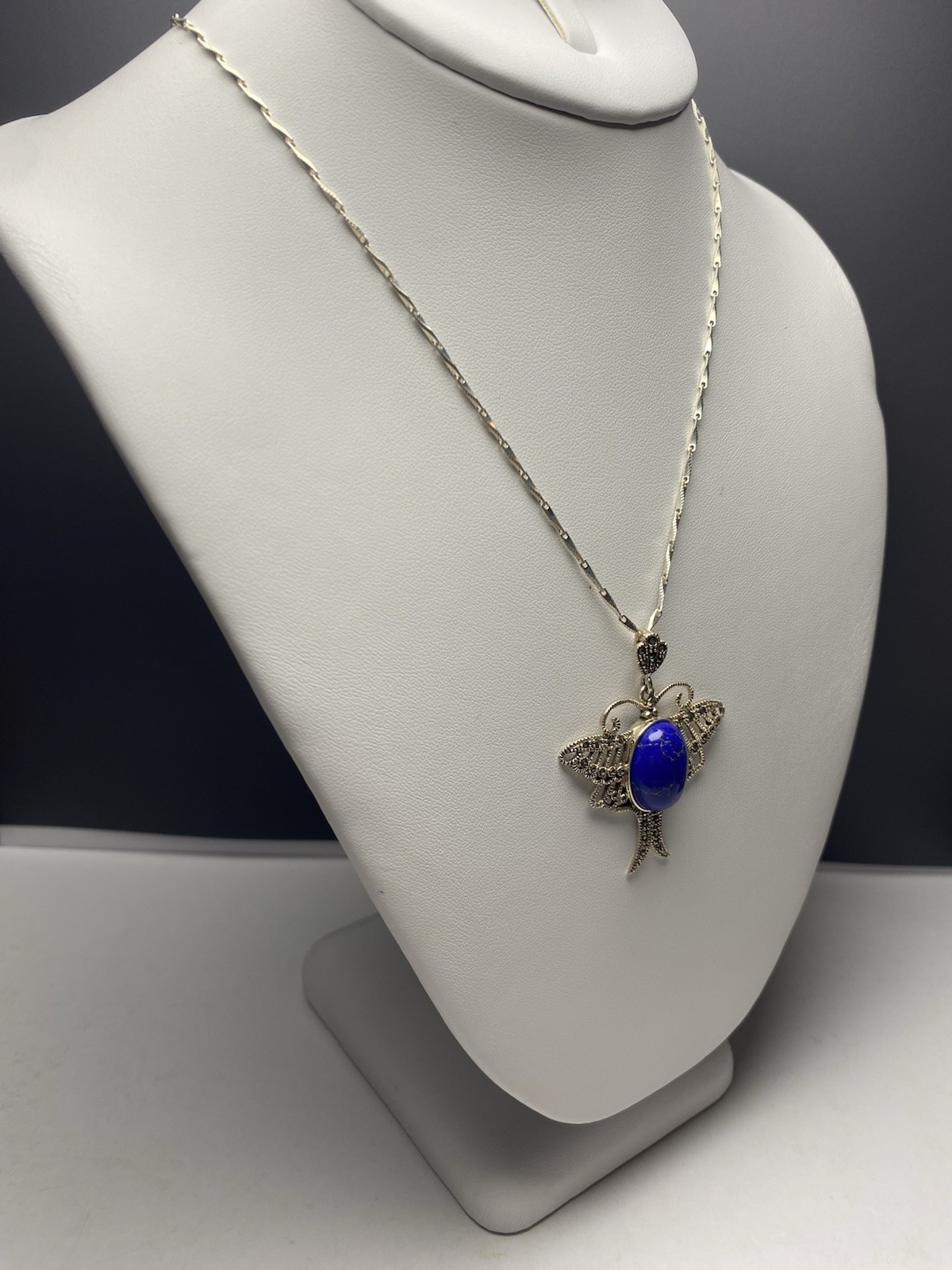 Vintage Sterling Silver 925 Butterfly Lapis Marcasite Pendant Necklace 20 in