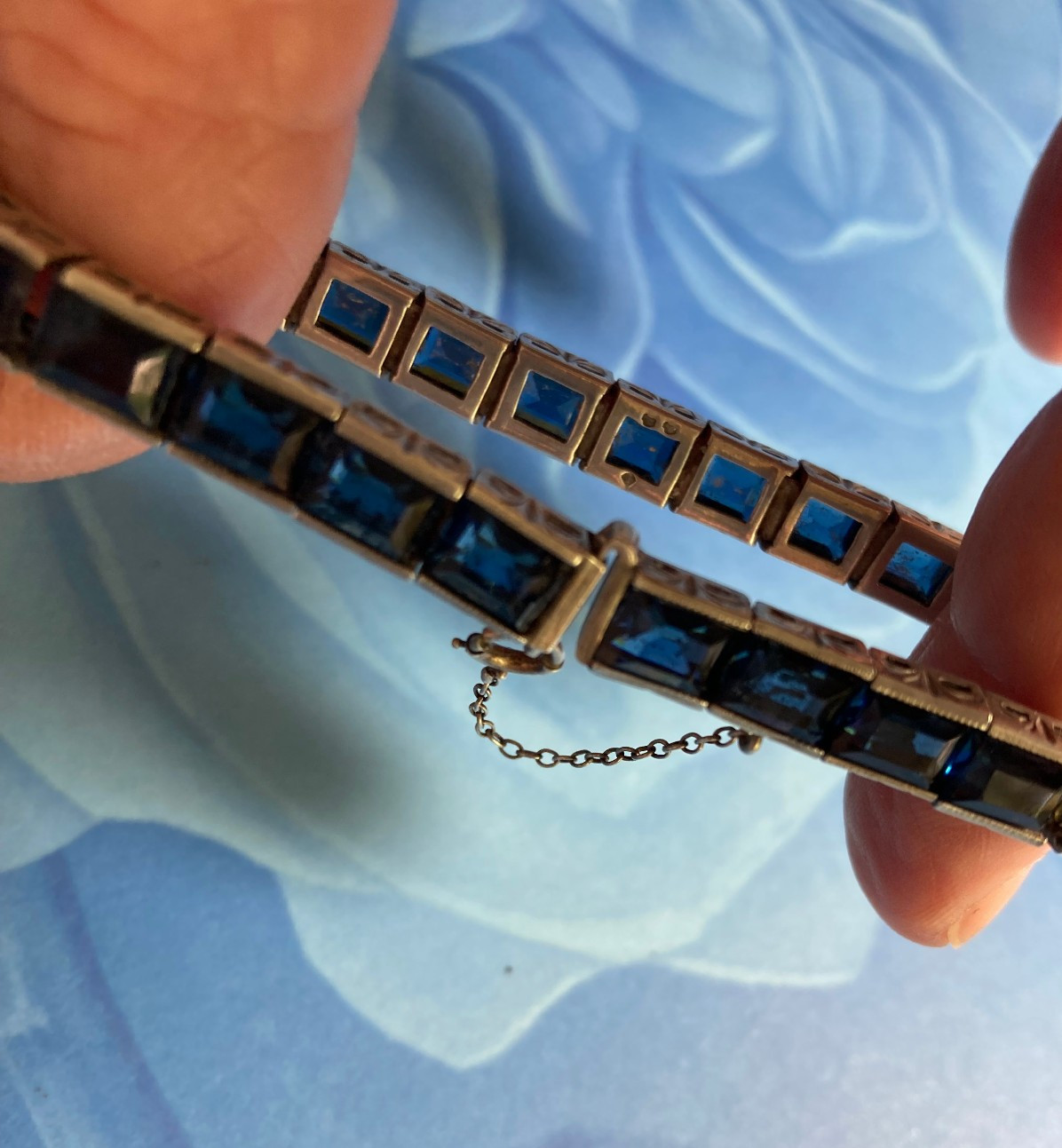 BLUE Rhinestone STERLING SILVER Art Deco, FRANCE, ANTIQUE BANGLE BRACELET