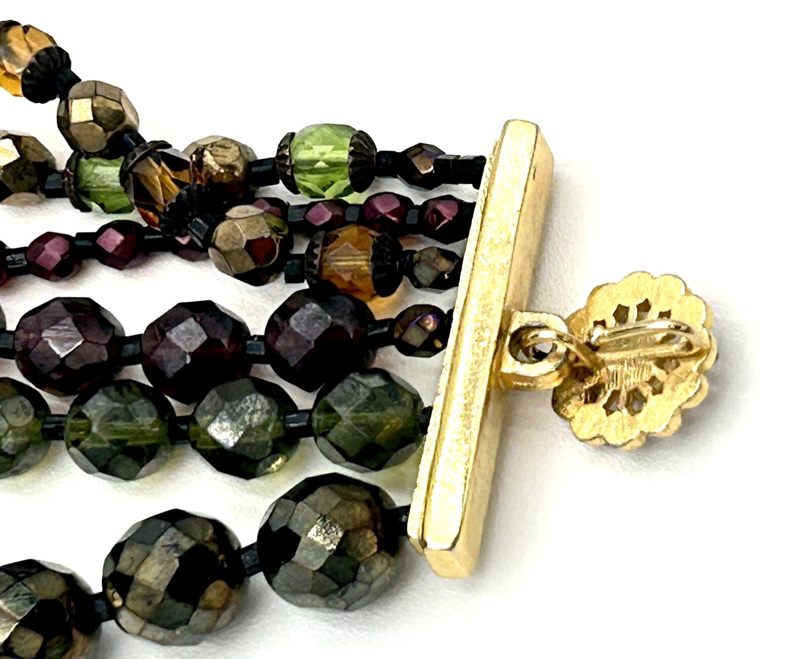 VTG Multi Strand GOLD FUMED Brown CRYSTAL NECKLACE Rhinestone Hook Clasp 1969