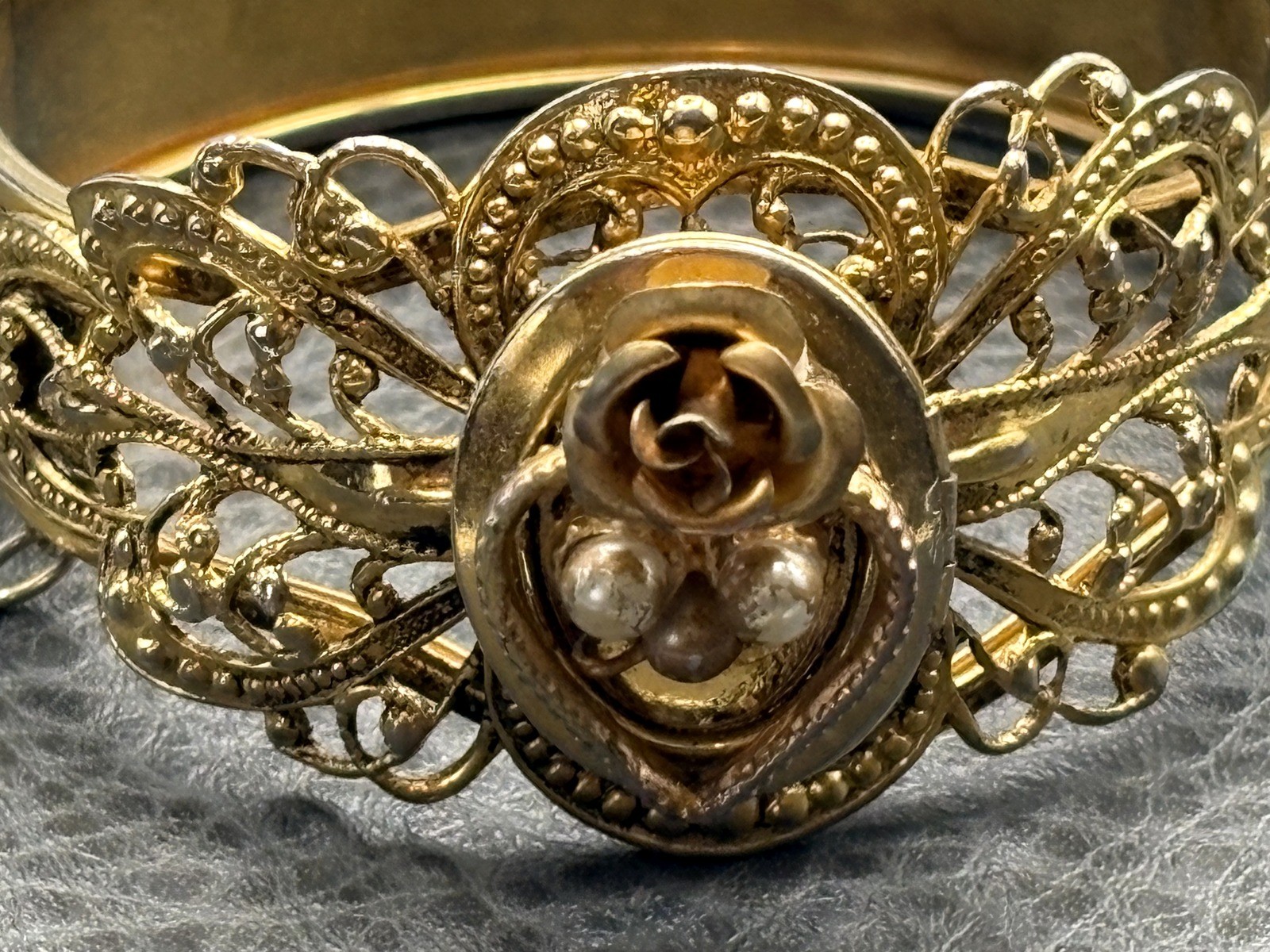 Vintage Gold Tone Filigree Bangle Bracelet Pearl Accents Rose Motif Hinged