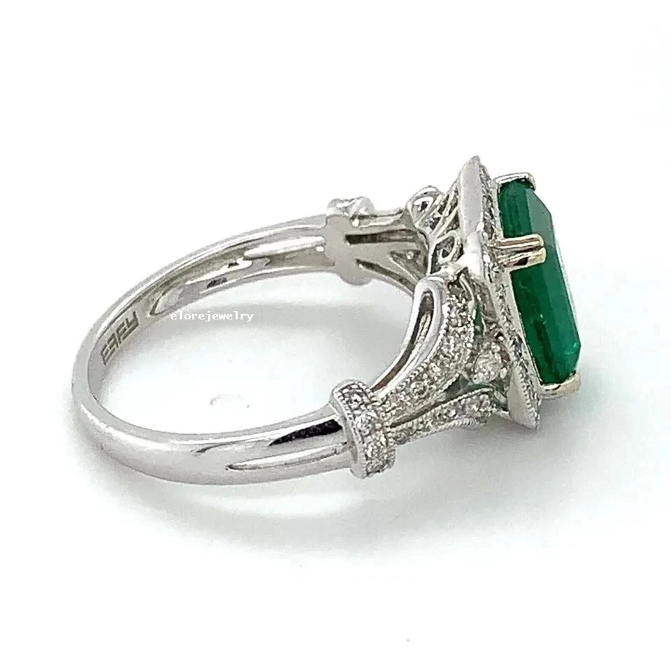 2.20Ct Emerald Cut Lab Created Emerald Halo Engagement Ring White Gold Plated