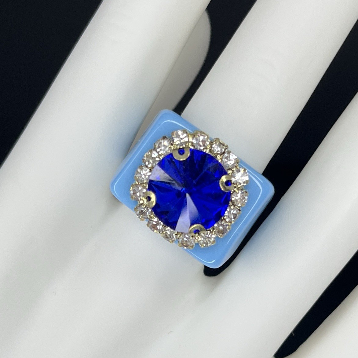 Chunky Lucite Ring Blue Rhinestone Size 7.5 Statement Retro