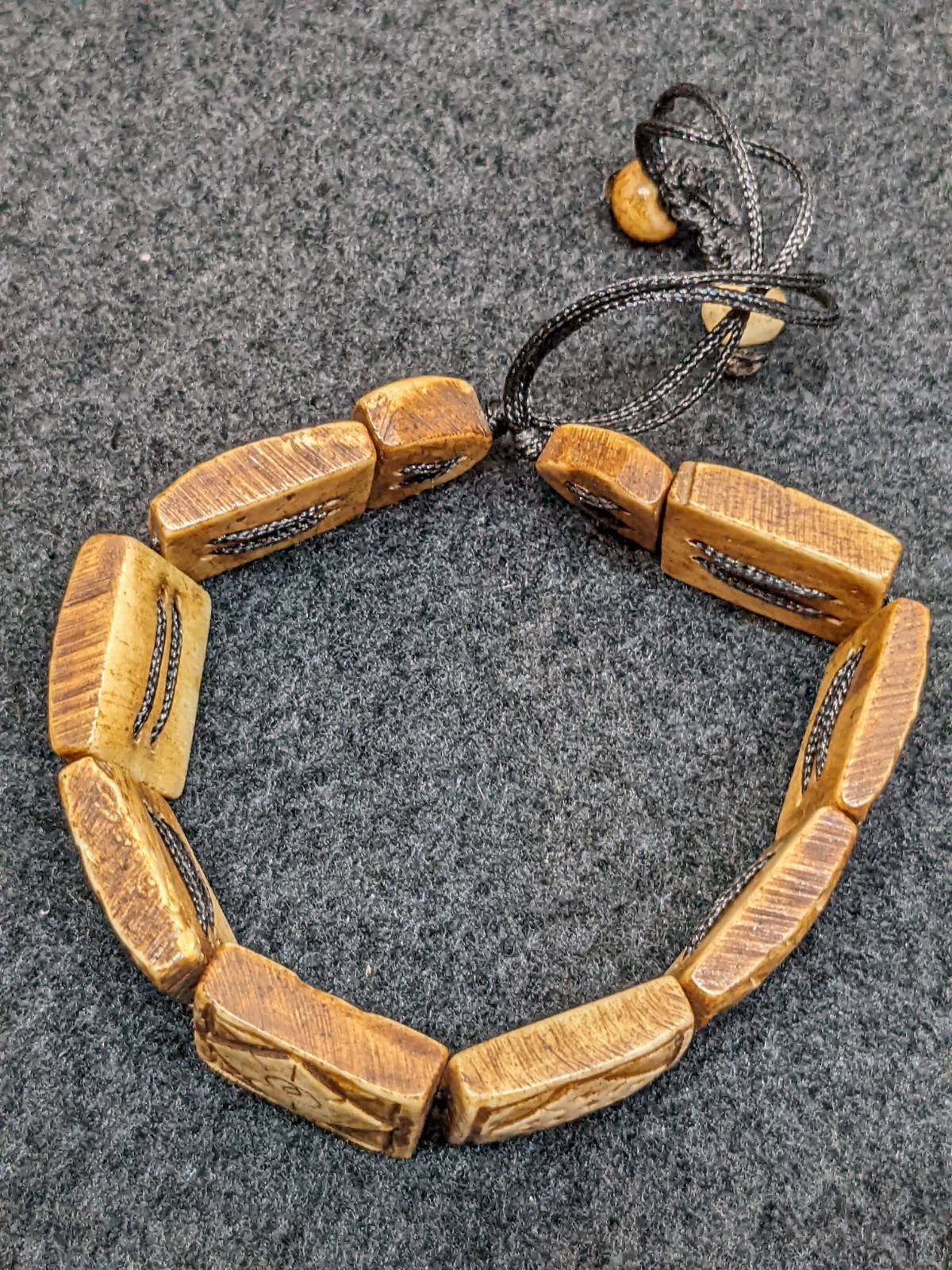 Carved Bone / Antler Beaded Tile Bracelet Tribal Boho Adjustable Ethnic Jewelry