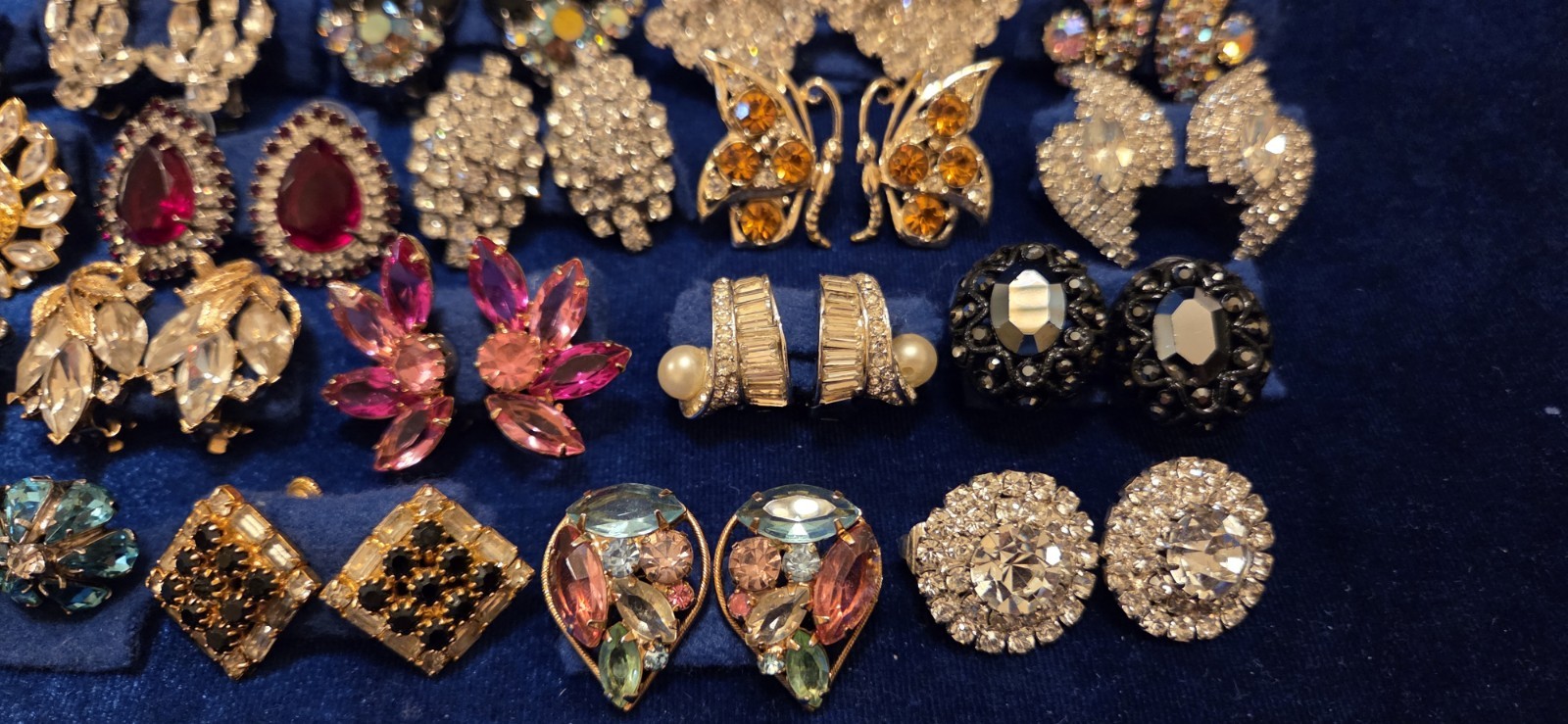 Vintage Rhinestone Earrings Lot Of 27. 12 Signed Monet Weiss Hobe Trifari Kramer