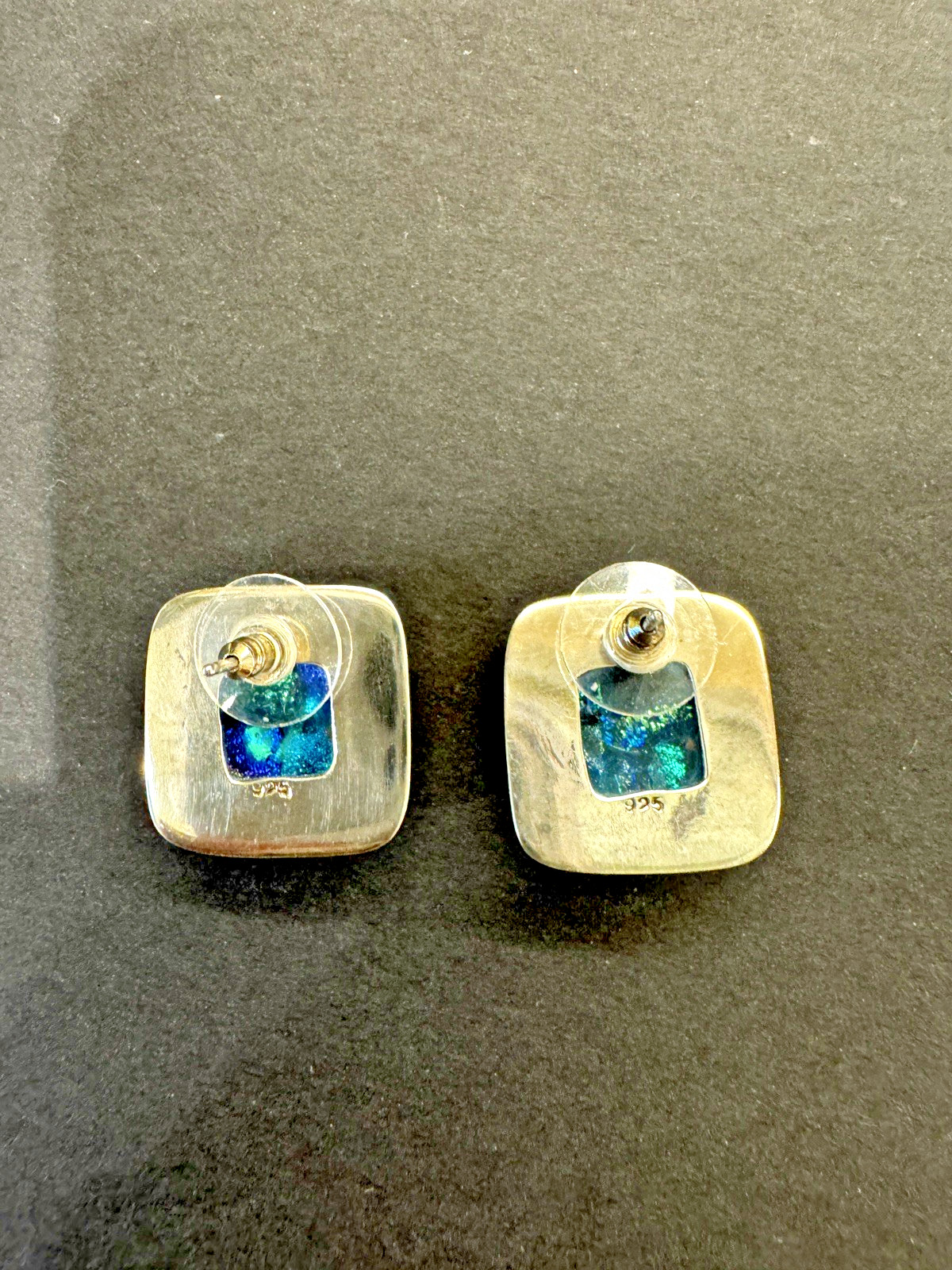 Vintage 925 Sterling Silver Dichroic Glass Earrings, Square Cushion.