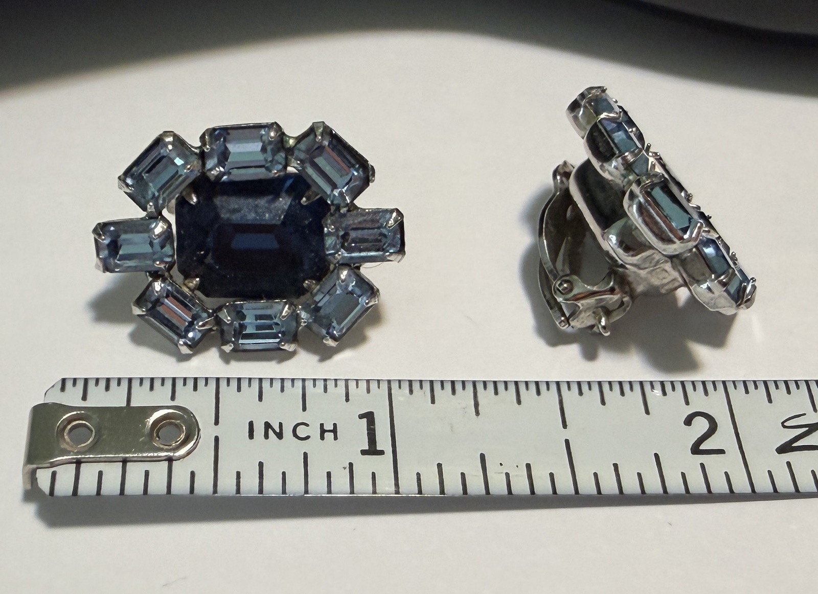 Vintage 1950s Signed Kramer of Ny Emerald-Cut & Baguette Blue Clip On Earrings