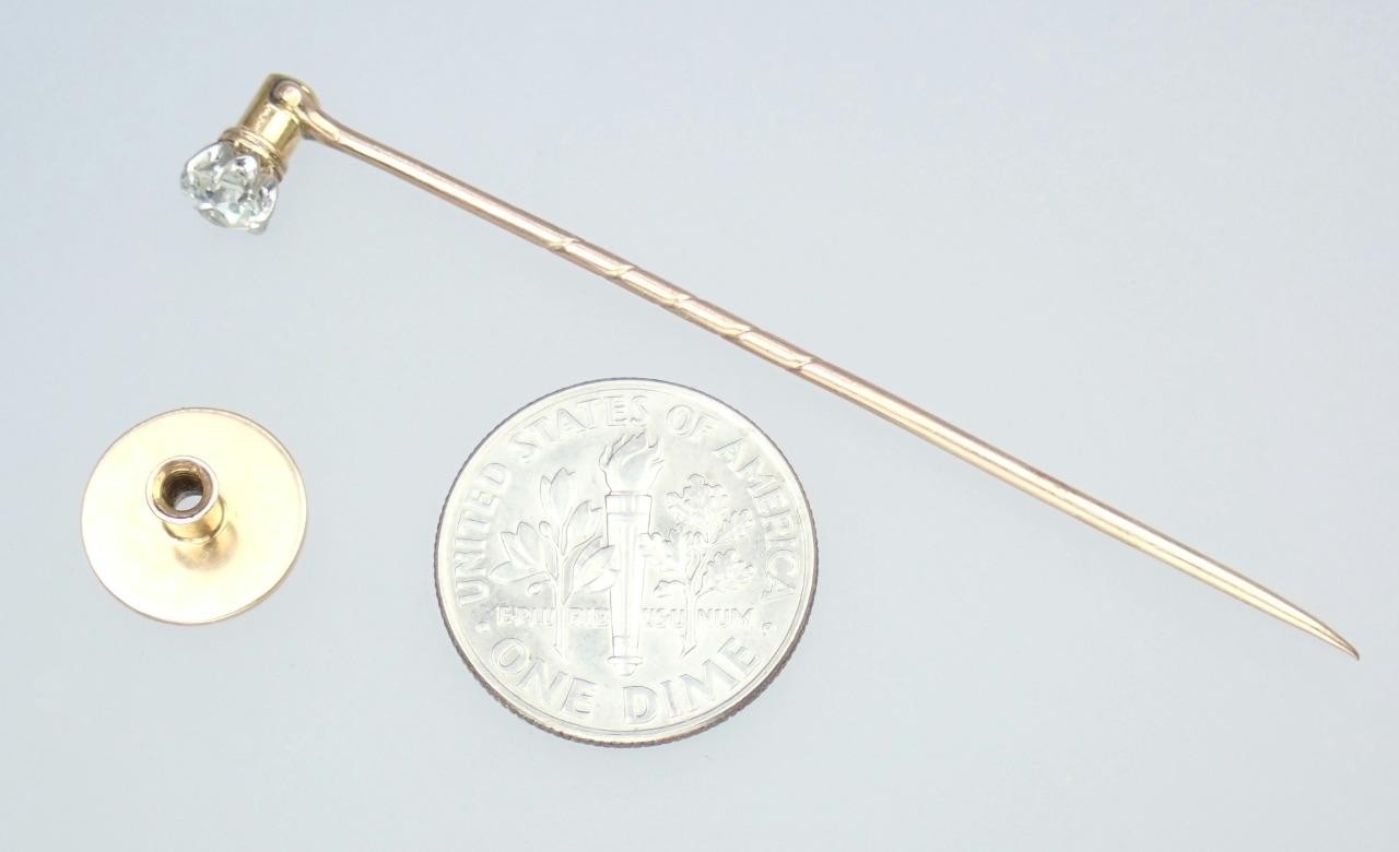 Pretty Antique Victorian 12K Gold Old Mine Cut Diamond Collar Stud Stick Pin Box