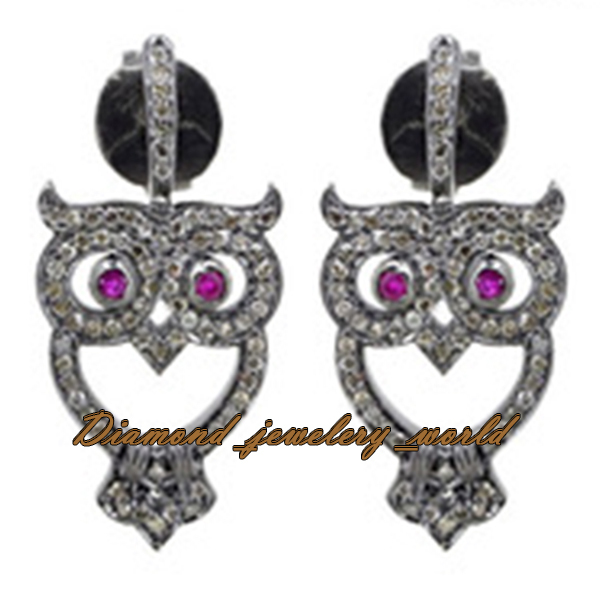 Stunning 2.35ct Rose Cut Diamond Ruby Studded Silver Vintage Owl Earring Jewelry