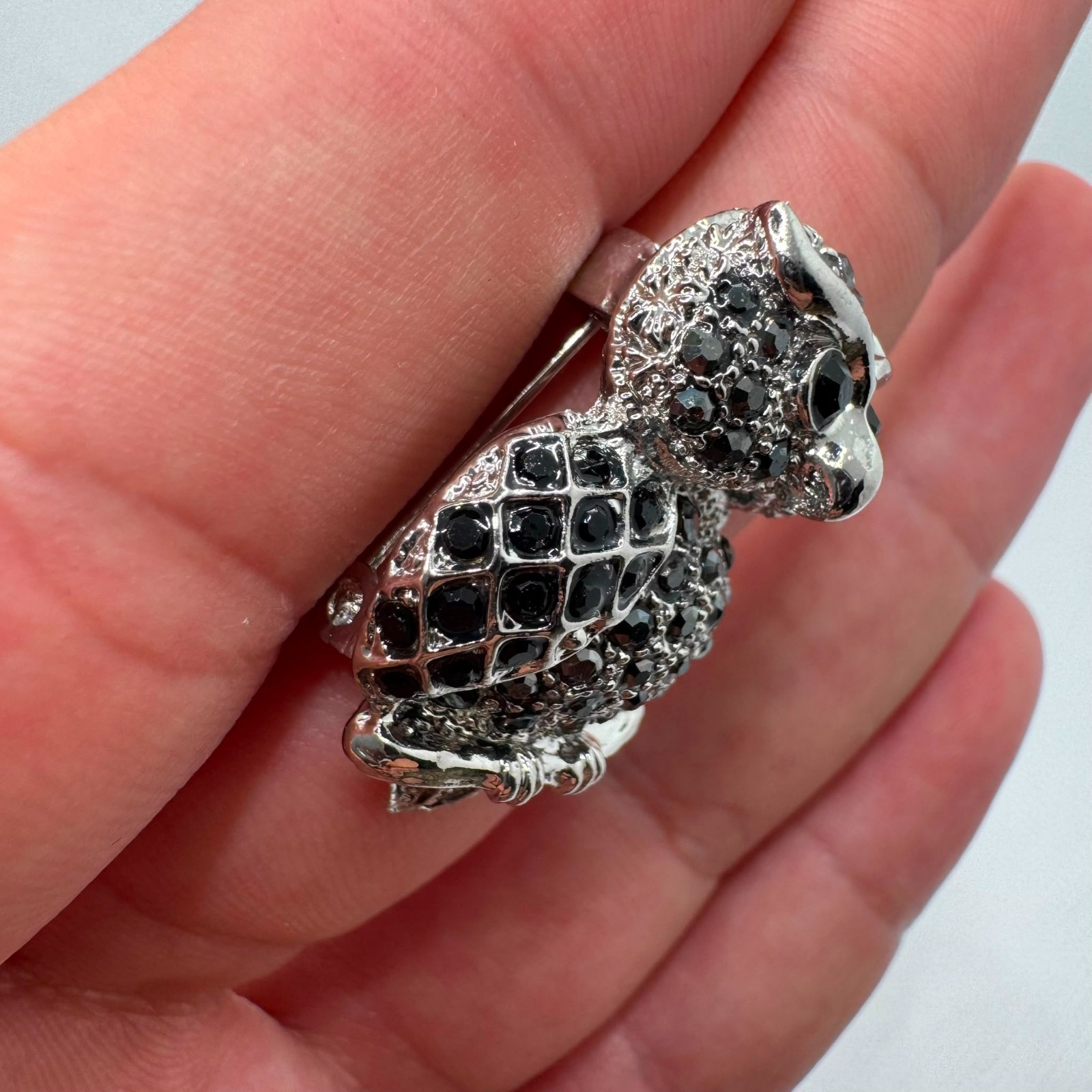 Vintage Black Crystal Owl Brooch Silver Tone Owl Pin Gift for Her