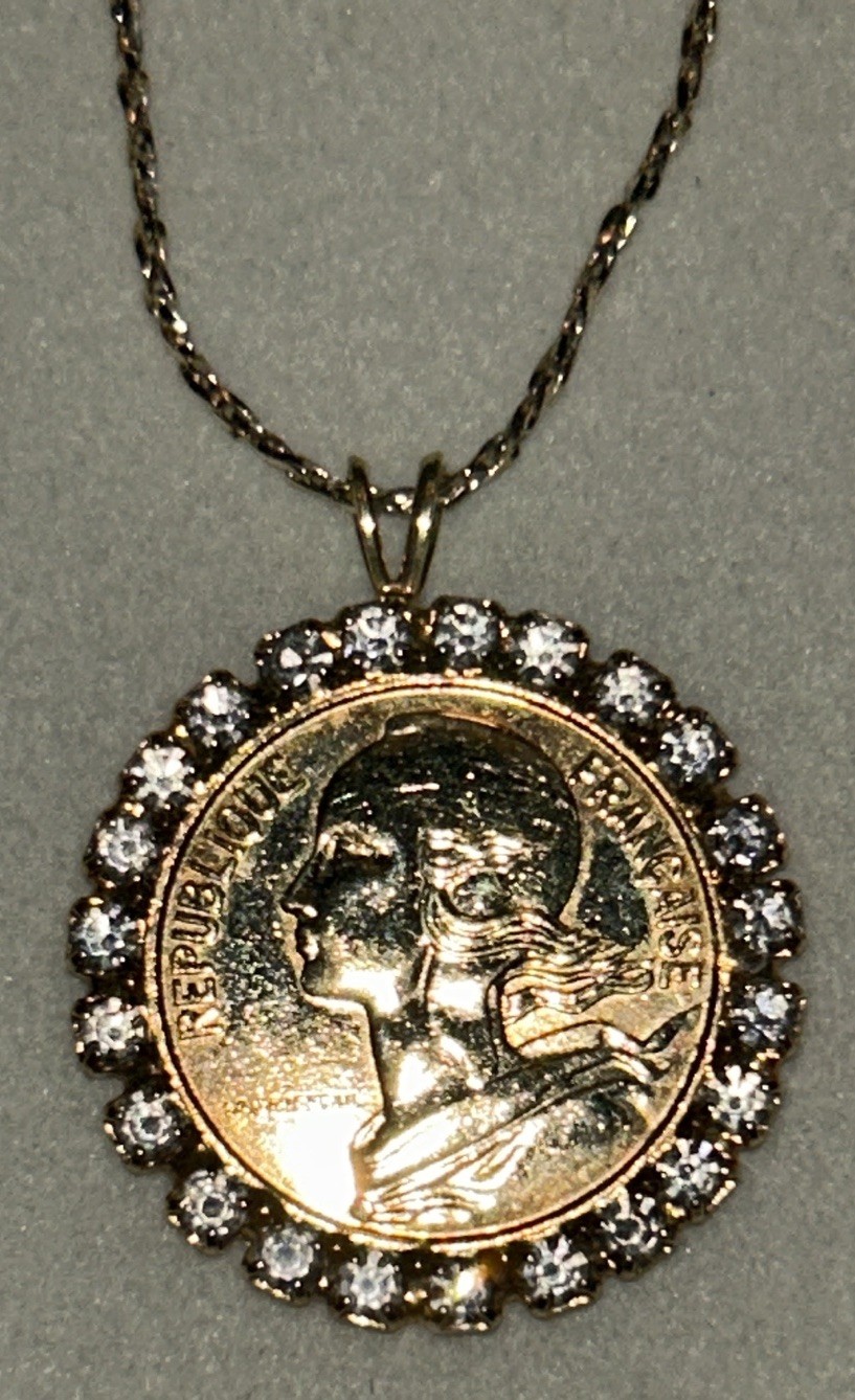 Vintage 1989 France Coin Necklace 24K GB Rhinestone Halo 29” Marianne Pendant
