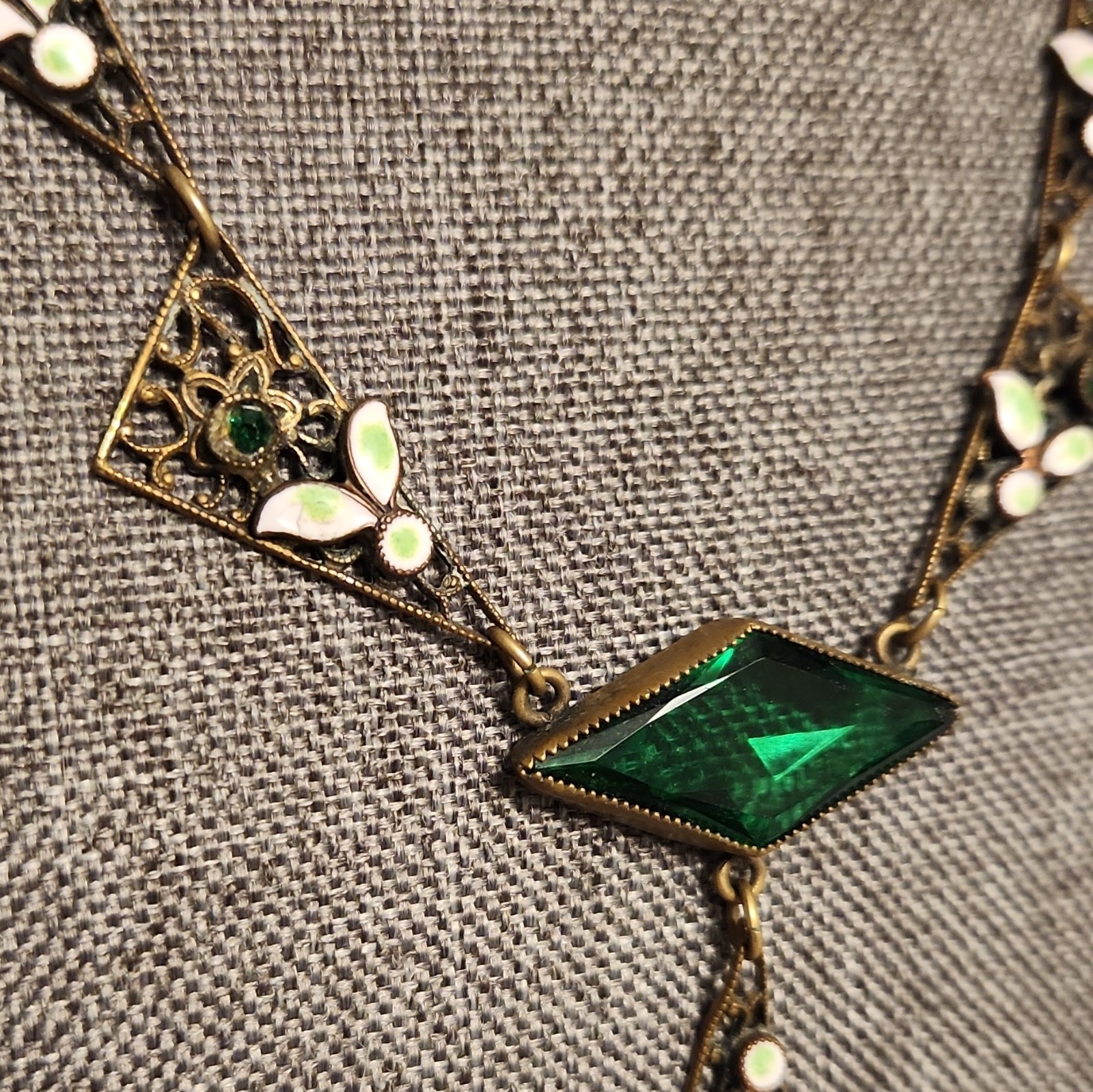 Vintage 1920’s transition style brass, enamel, green glass paste necklace